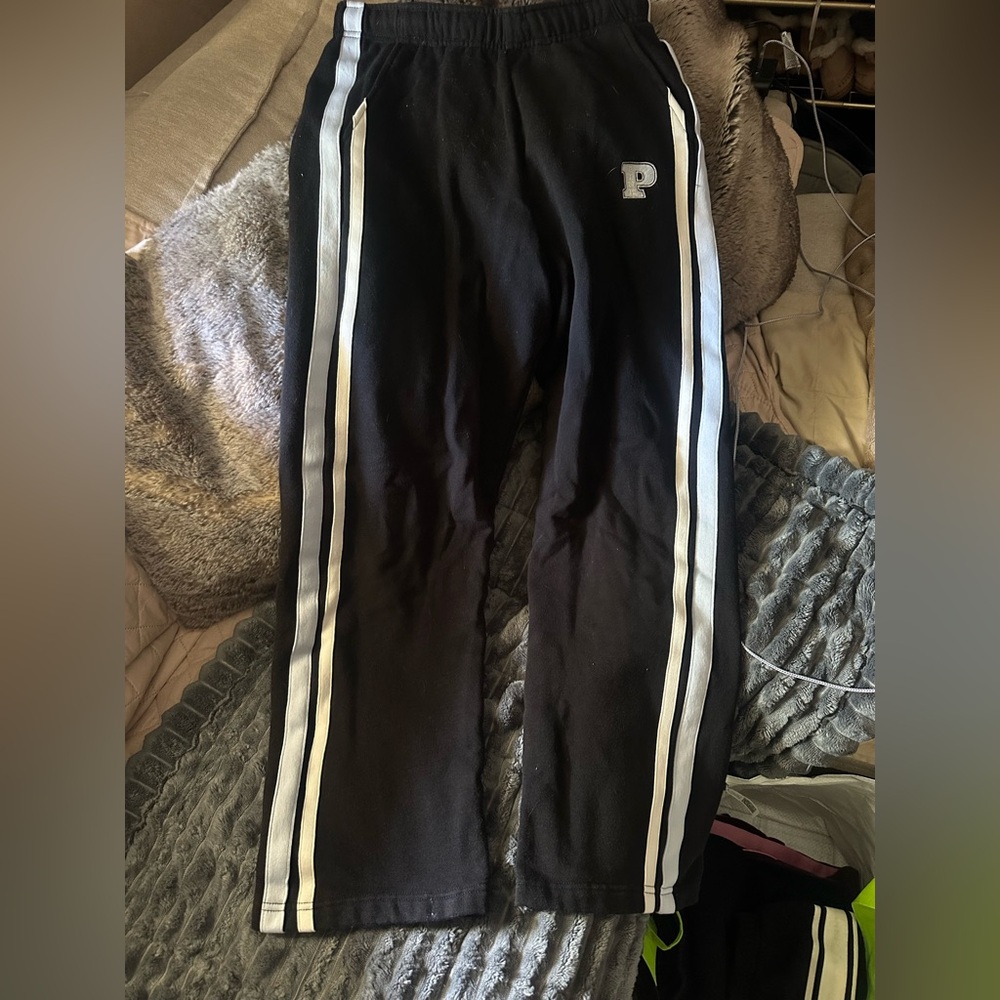 PINK Victoria's Secret Black Track Pants White cream Stripes M campus wide leg